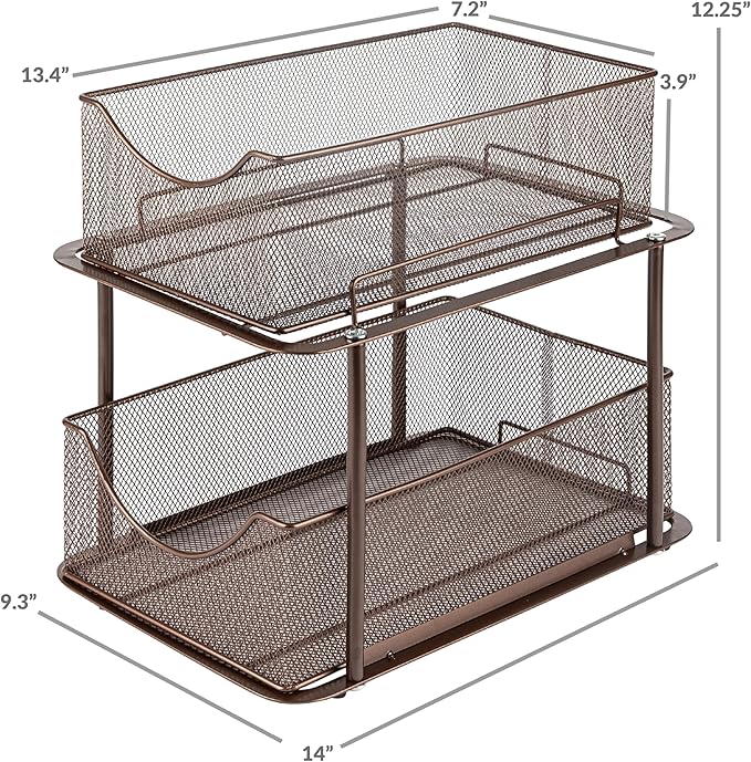 2 Tier Metal Under Sink Organizer for Bathroom, Kitchen, Brown