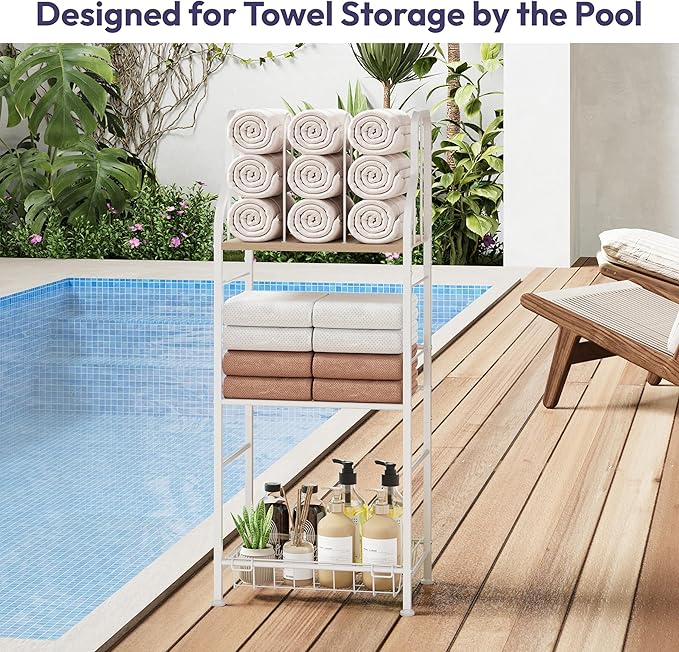 SWTYMIKI Free Standing Towel Rack - 3 Tier M-Shaped Detachable Dividers Towel Shelf for Bathroom, Durable Metal Pool Towel Holder, Modern Space-Saving Bath Towel Storage Organizer