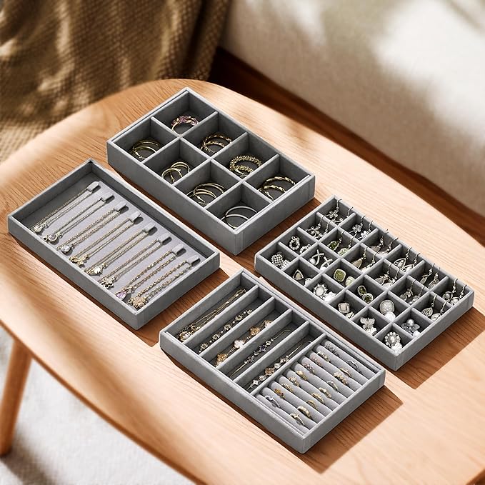Velvet Jewelry Drawer Organizer Trays – Grey Stackable Jewelry Storage Inserts Set, 4-Layer Jewelry Tray Set for Earrings, Rings, Necklaces, Bracelets with Removable Dividers for Dresser & Vanity