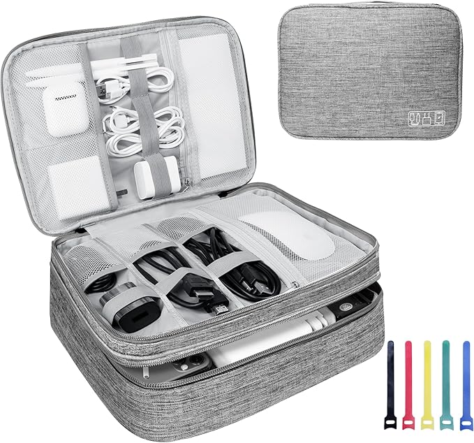 Lcsmaokin Electronics Travel Organizer,Large Double Layer Portable Waterproof Travel Organizer Bag for Charging Cable Storage,Ipad,Power Bank,Hard Drive etc,for Travel,Business,5pcs Cable Ties-Grey