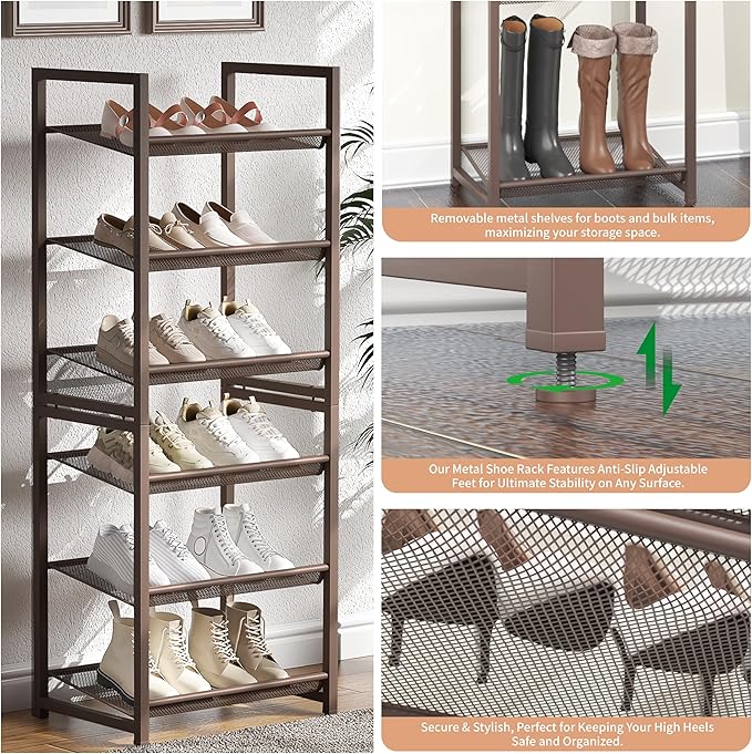6 Tier Shoe Rack, Stackable Shoe Storage with Mesh Shelves, Holds 12-15 Pairs, Metal Shoe Organizer for Entryway Closet Garage, Bronze