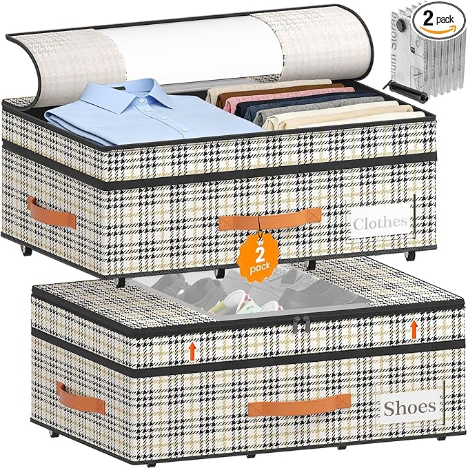 TOSKING 2-Pack Under Bed Storage Drawers with Wheels, 6 Vacuum Bags, Adjustable Height 7.9-10.2", 63L/80 lbs Clear Lid Rolling Bin, 900D Oxford, Space Saver for Dorm Bedroom Clothes Shoes, Houndstooth