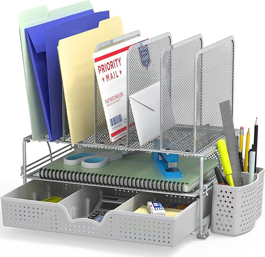 Simple Houseware Mesh Desk Organizer with Sliding Drawer, Silver