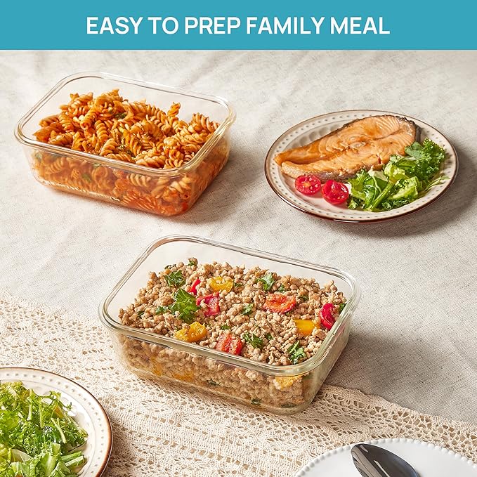 Vtopmart 2Pack 1860ml/63oz Large Glass Storage Containers with Lids, Meal Prep Food Container Set with Snap Airtight Lid for Baking, Microwave, Oven, Leak Proof, for Freezer, Dishwasher, Blue