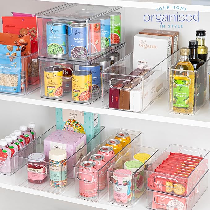 primebox Plastic Food Storage 2 Pack Clear Container Bin with Handles for Organizing Kitchen, Pantry, Refrigerator, Freezer, Pantry, Cabinet, Closet, Bathroom. 16”x6”x5”