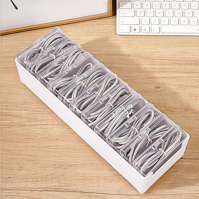 2 Pcs 11 Box Cable Organizer Storage Box, Desktop Cable Management with Switch, Power Cord Organizer for Office,Home,Desk Accessories Storage Stationery Supplies and Accessories（Clear）