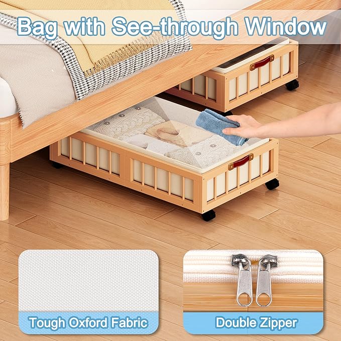 2-Pack Bamboo Under Bed Storage Containers with Wheels, Nature