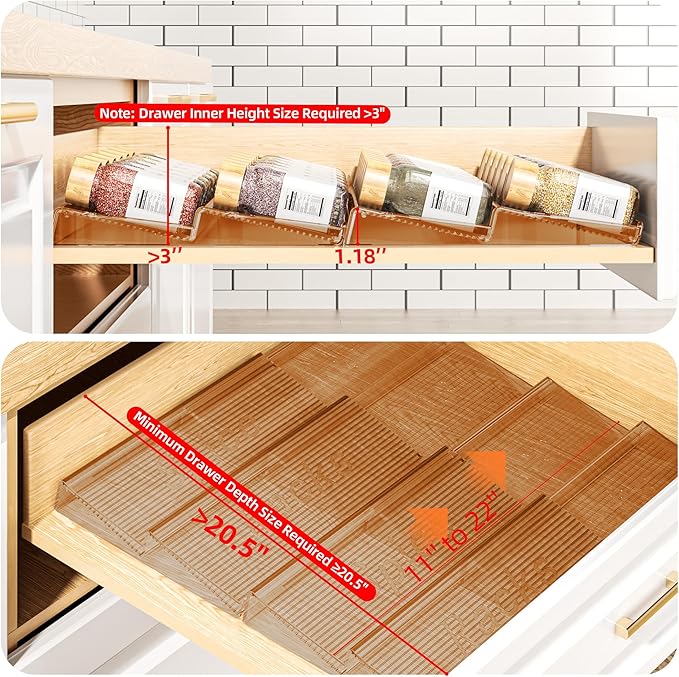 MUDEELA Clear Spice Drawer Organizer, 4 Tier- 2 Set (4 Packs) Spice Rack for Drawer, Expandable From 11" to 22" Kitchen Seasoning Organizers and Storage for Drawer (Jars not included), Amber