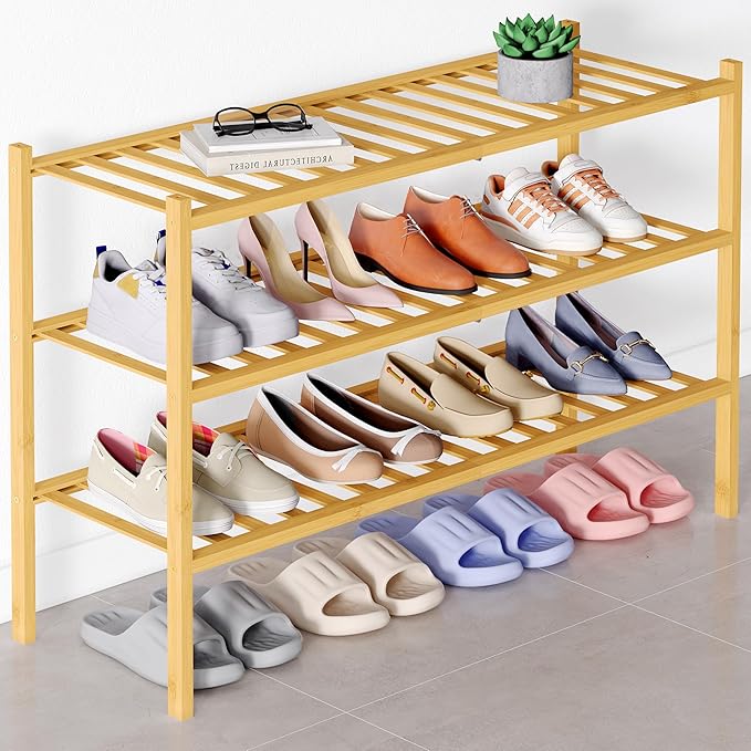 Smiry Bamboo Shoe Rack for Closet, 3 Tier Long Wooden Shoe Organizer, Stackable Wood Shoe Storage Shelf for Entryway, 14 Vertical Slats, One-piece Heavy-Duty Legs, 33.86"x11.02"x18.31", Natural
