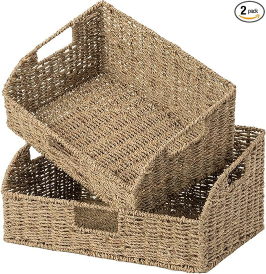 StorageWorks Pantry Baskets for Organizing, Seagrass Storage Baskets for Shelves with Built-in Handles, Pantry Organizers and Storage, Set of 2 (Large and Medium)