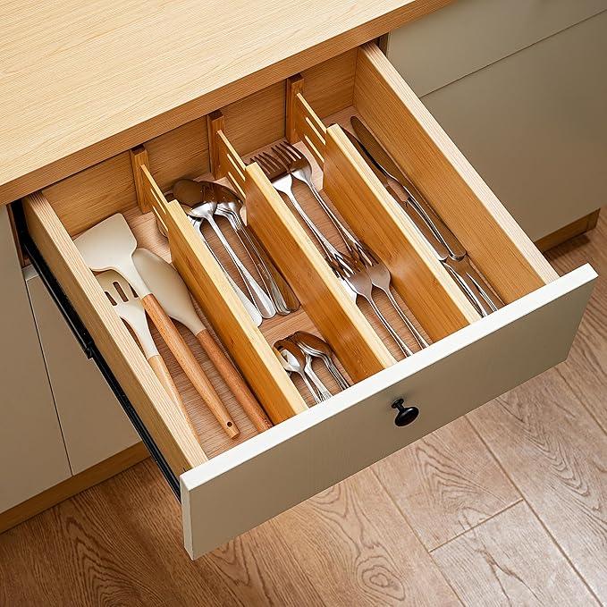 Fabsome Dresser Drawer Organizers 6 Pack, 4.65'' High Adjustable from 12.5-17‘’ Bamboo Drawer Dividers for Clothing Baby Clothes, Wooden Separators for Dresser Nursery Organization with Soft Foam Ends