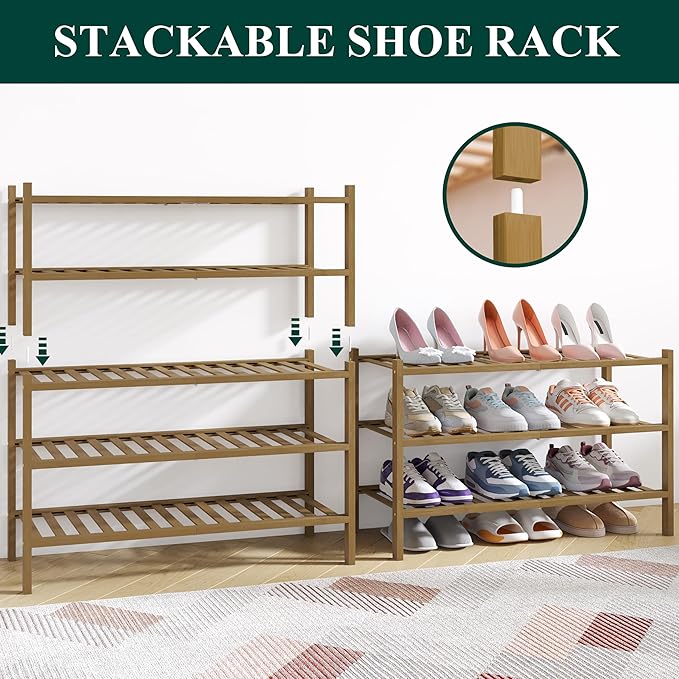Smiry Bamboo Shoe Rack for Closet, 2 Tier Wooden Shoe Organizer, Stackable Wood Shoe Storage Shelf for Entryway, 14 Vertical Slats, One-piece Heavy-Duty Legs, 26.77"x11.02"x12.99", Walnut