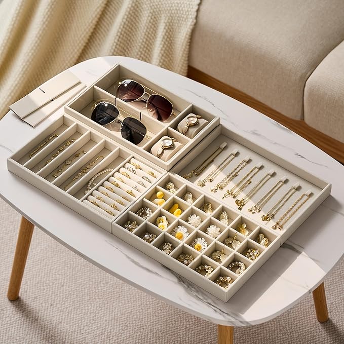 Velvet Jewelry Drawer Organizer Trays – Large Beige Stackable Jewelry Storage Inserts Set, 4-Layer Jewelry Tray Set for Earrings, Rings, Necklaces, Bracelets with Removable Dividers for Dresser,Vanity