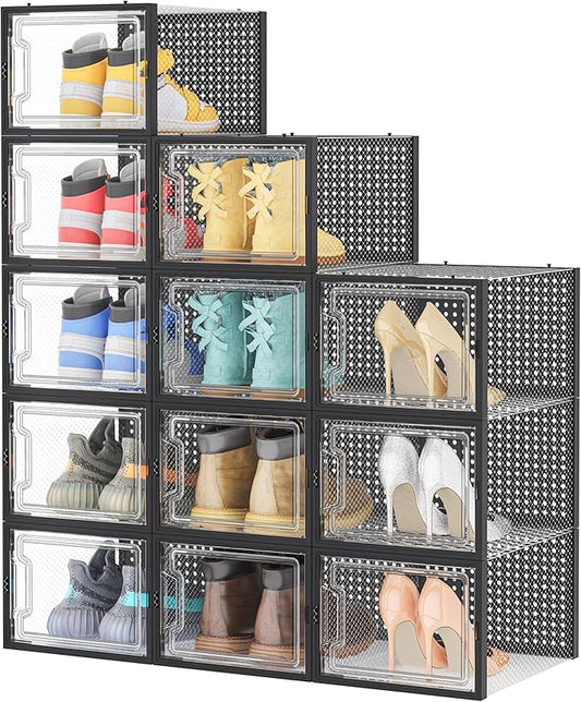 HOMIDEC Shoe Storage, 12 Pack Shoe Organizer for Closet, Shoe Boxes Clear Plastic Stackable Shoe Containers with Lids for Size 13