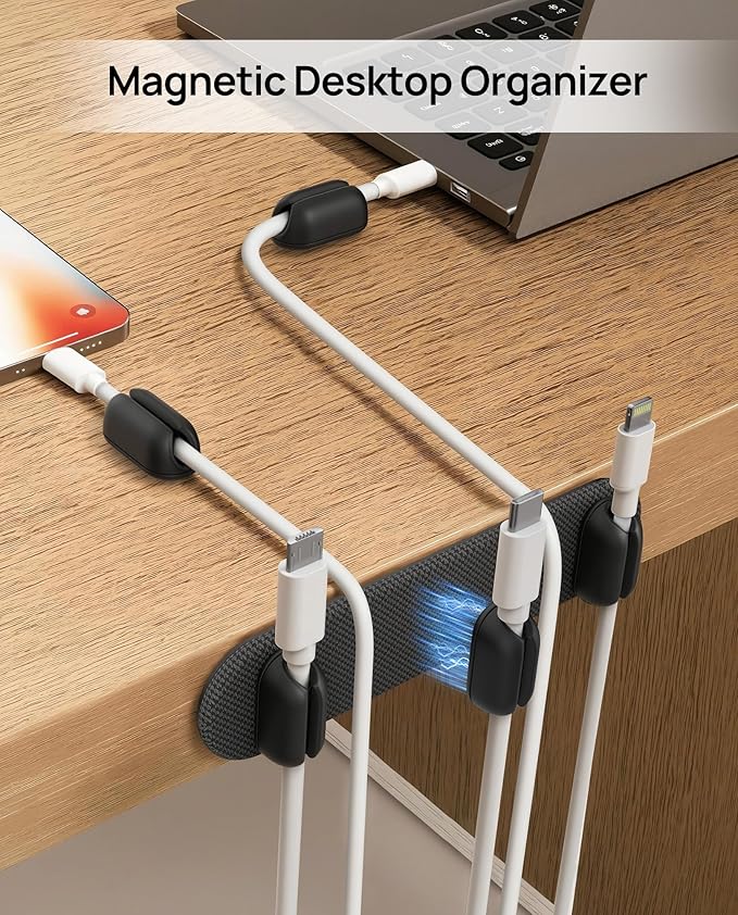6 Pack Magnetic Cable Holder [2 in 1 Magnet & Adhesive] Cable Clips Silicone for Phone Charger, SODI Minimalist Cord Holder for Nightstand, Adhesive Cord Organizer for Desk, Car, Office (5-Black)