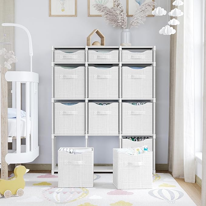 Cube Storage Organizer with Storage Bins Included - The Perfect Closet Organizers and Storage Solution. Includes 12 Storage Cubes, Great For Toy Storage, Closet Storage, Clothes Storage (White-Grey)