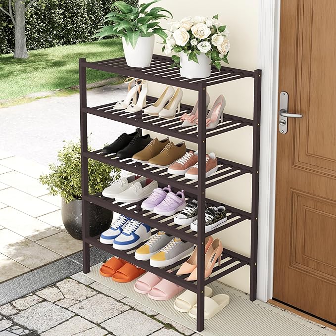 Smiry Bamboo Shoe Rack, 5 Tier Free Standing Wooden Shoe Organizer, Stackable Wood Shoe Storage Shelf for Closet, Entryway, 14 Vertical Slats, 2+2+1 Stack Heavy-Duty Legs, 26.8"x11"x32.5", Brown