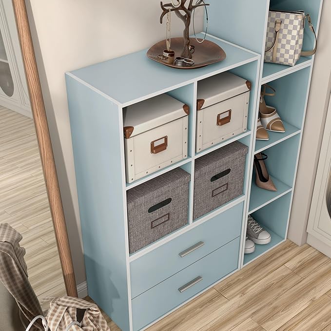 Homes: Inside + Out Apexa 4-Cube Storage Organizer Shelves, Stackable Wood Bookcase Fits Cubby Bins for Organization, Dorm Teen Room Decor & Home Office, Light Blue