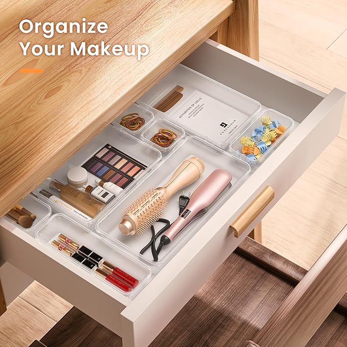 A-LuGei 【Military Grade Drawer Organizer, 【𝟱𝗦𝗶𝘇𝗲】 Makeup organizer, 【Holds 177 Items】 Bathroom Organizers and Storage, Organization and Storage, Desk Drawer Organizer for Vanity (Clear)