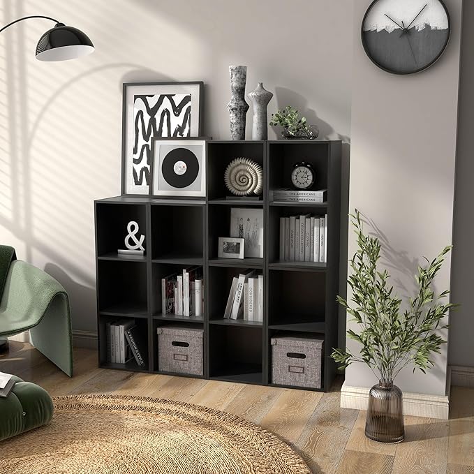 Homes: Inside + Out Apexa 2-Cube Storage Organizer Shelves, Stackable Wood Bookcase Fits Cubby Bins for Organization, Dorm Teen Room Decor & Home Office, Black