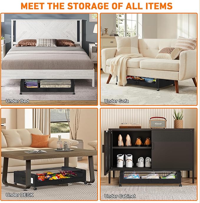 Under Bed Storage with Wheels, 2 Pack Under Bed Storage Containers with Clear Lids, XXL 65L Under Bed Storage Organizer, Rolling Under Bed Metal Drawer for Blanket, Clothes, Shoes (31 x 17 x 6.69 in)