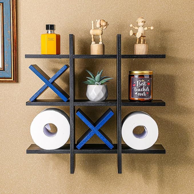Weysat Tic Tac Toe Toilet Paper Holder Stand Bathroom Wall Decor Rustic Wooden Hanging Storage Freestanding Wall Mounted Shelves Decor for Toilet Tissue Farmhouse