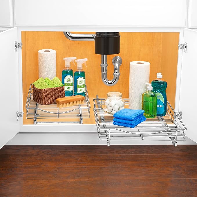LYNK PROFESSIONAL® Pull Out Cabinet Organizer, 11" x 21" Slide Out Cabinet Organizer Pull Out Drawer – Pull Out Shelves for Kitchen Cabinets – Under Sink Organizers - Lifetime Ltd. Warranty, Chrome