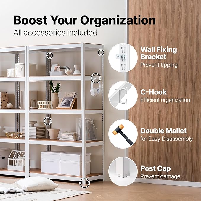 HOMEDANT House 48.1" W Deep 5 Tier Heavy Duty Garage Shelving Adjustable Metal Rack Storage Shelves Standing Shelf Unit Organizers Industrial Warehouse Basement White 2Pack