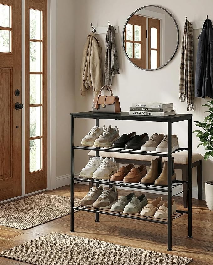 4-Tier Shoe Rack for Entryway, Bedroom & Living Room – Sturdy Shoe Storage Organizer with Adjustable Leveling Feet, Compact Design (26.9”x 11.8”x 25.1”), Black