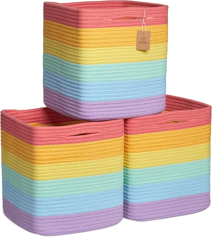 NaturalCozy Storage Cubes 11 Inch Cotton Rope Woven Baskets for Organizing, 3-Pack | Cube Storage Bin | Square Storage Baskets for Shelves Organizer, Classroom, Kids Toy Bins, Closet, Baby Nursery
