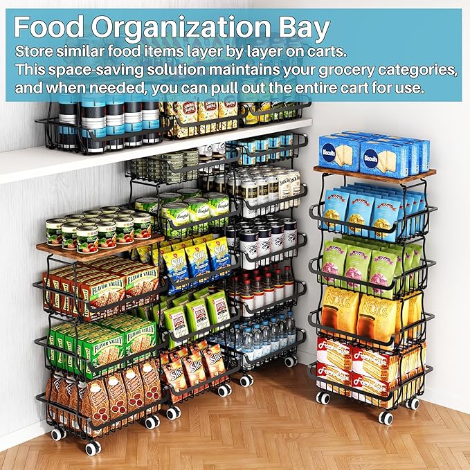 6 Tier Pantry Organizers and Storage Vegetable Fruit Basket for Kitchen, Stackable Flexible Design (3+3, 4+2, 5+1,6+0) Pantry organizers and storage for Kitchen Bathroom Livingroom Laundry Room Cart