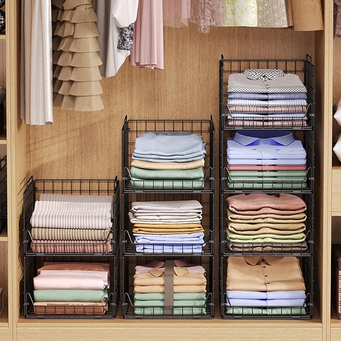 Jakyitvi 5-Tier Stackable Closet Organizer Shelf – Foldable Metal Storage Bins for Clothes, Sweaters & Towels | Stylish Black Wire Baskets for Bedroom, Wardrobe, Dorm or Entryway