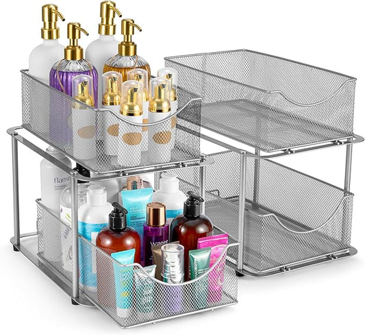 Sorbus 2 Sets of 2 Tier Metal Under Sink Organizer for Bathroom, Kitchen, Strong Steel Mesh Sliding Drawers for Under Sink, Under Cabinet, Closet, Kitchen, Pantry, Bathroom Organizers and Storage
