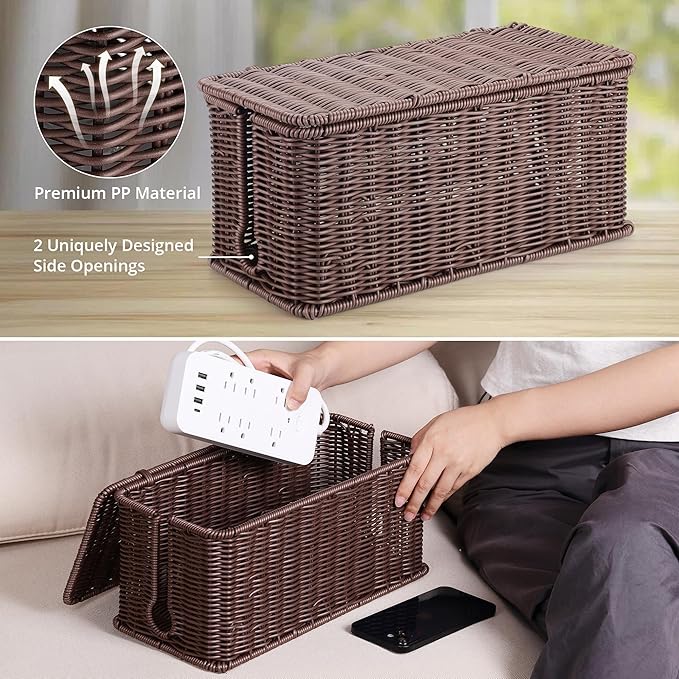 Large Cable Management Box, Handwoven Imitation Rattan Cord Organizer Cord Hider Box, Desk Cord Management Box to Hide Cords and Power Strips, 13.5" L x 6.2" W x 6" H, Dark Brown
