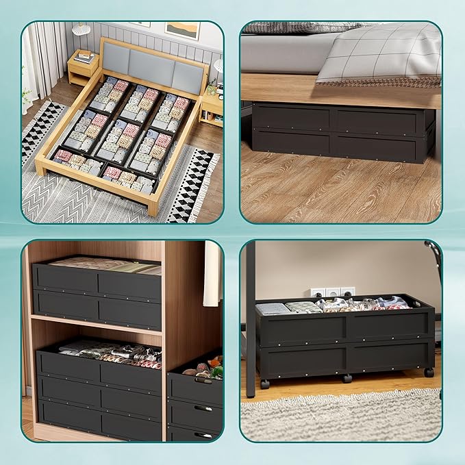 WISUCART Wood Under Bed Storage Containers Underbed Organizer with Wheels Sturdy Wood Rolling Under Bed Shoe Storage Organizer 2 Packs (Black, Large)