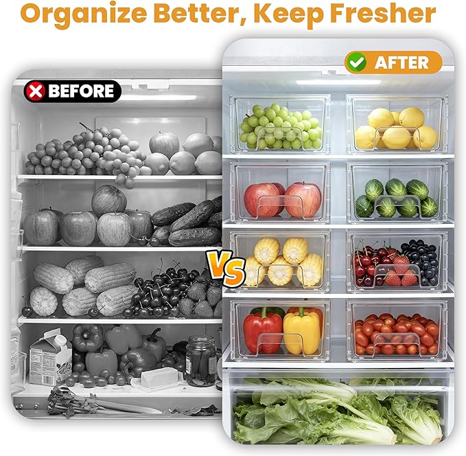 6 Pack Stackable Storage Drawers,Plastic Organizers Bins, Drawers Storage with Handles and Movable Dividers for Organization and Storage in Fridge,Bathroom, Pantry, Kitchen Cabinets, Under Sink
