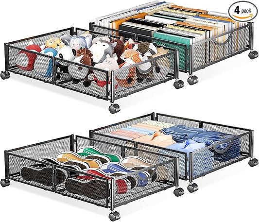 Yecaye Under Bed Storage with Wheels, 4 Pack Under Bed Shoe Storage Organizer Drawer, Tool-free Assembly Metal Underbed Storage Containers for Clothes, Shoes, Toys, Black
