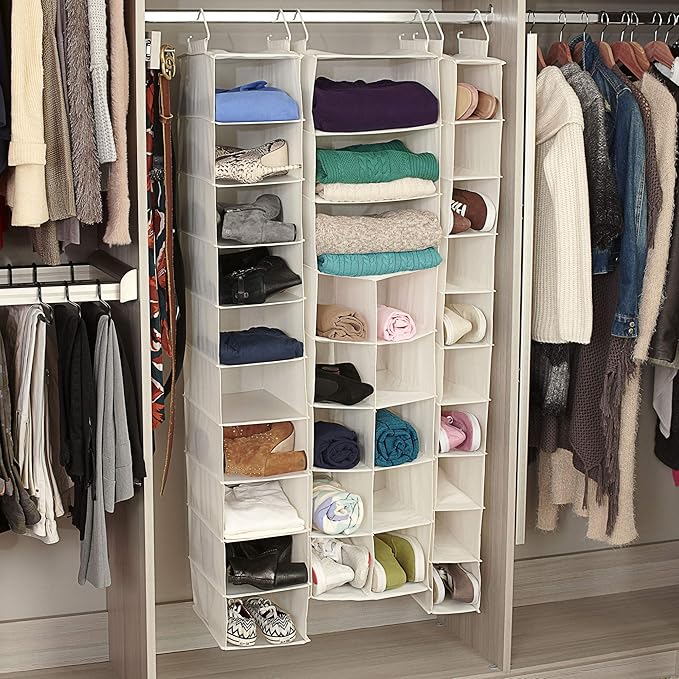 Household Essentials Hanging Shoe Organizer, Natural Canvas, Clothes Storage, 10 Pockets and 3 Shelves, Collapsible, Cream