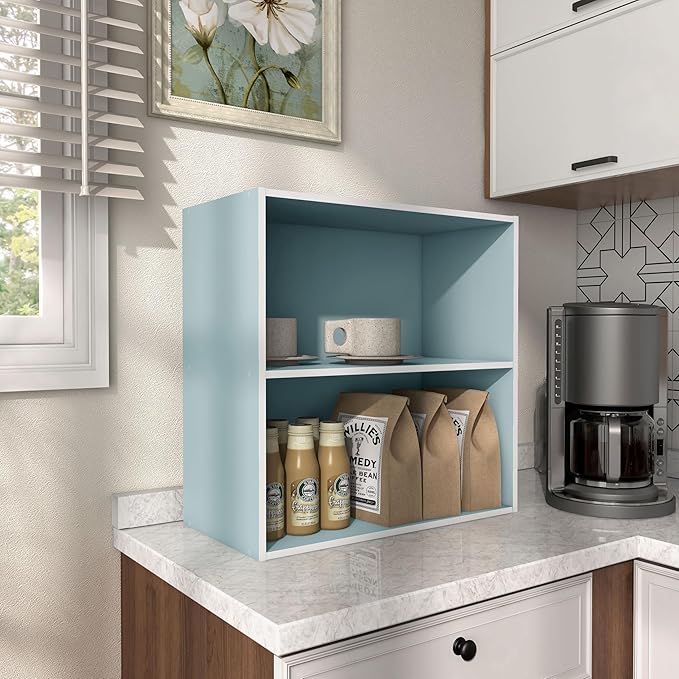 Homes: Inside + Out Apexa 2-Tier Cube Storage Organizer Shelves, Stackable Wood Bookcase Fits Cubby Bins for Organization, Dorm Teen Room Decor & Home Office, Light Blue