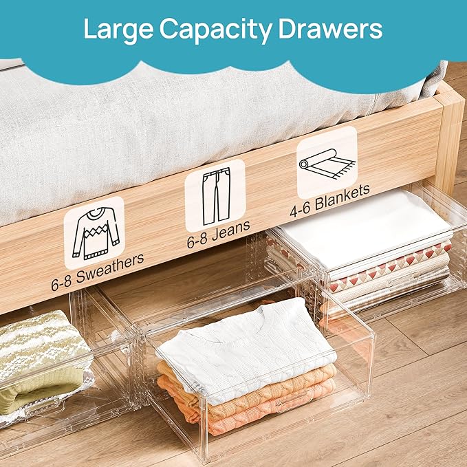 Vtopmart 6 Pack Large Clear Stackable Storage Drawers 27QT, Easily Assemble Plastic Closet Storage Bins, Dust-Proof UnderBed Organizer for Clothing, Sweater Organization