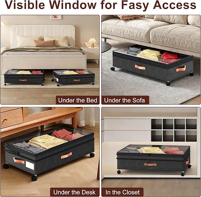 Under Bed Storage Organizer with Wheels - 2Pack 70L Extra Large Rolling Storage Bins with Clear Lid & Labels for Clothes, Shoes, Blankets (XXL, Black)