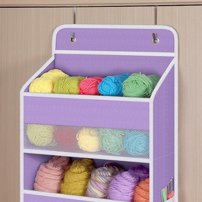 Univivi Over The Door Hanging Organizer with 6 Large Compartments and Mesh Windows, Over The Door Baby Clothes Organizer for Cosmetics, Baby Essentials and Diapers (Purple)