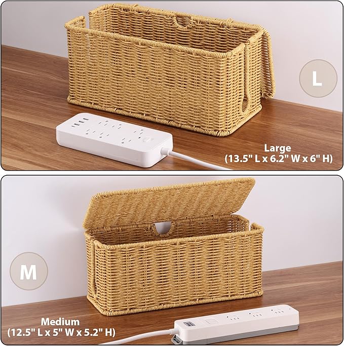 Large Cable Management Box, Handwoven Imitation Rattan Cord Organizer Cord Hider Box, Cable Organizer Box for Desk, Cord Management Box to Hide Cords and Power Strips 13.5" L x 6.2" W x 6" H, Brown
