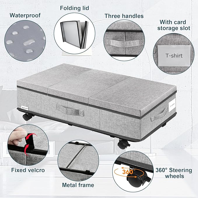 Supowin Under Bed Storage with Wheels, Rolling Underbed Storage Containers with Lids, Under Bed Shoe Storage Bins Organizer with Reinforced Metal Bottom Support and Three Handles