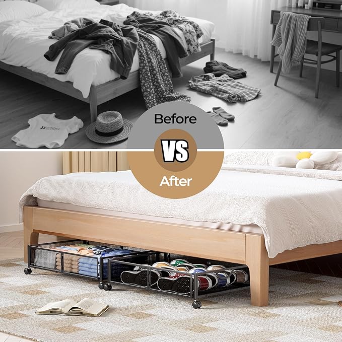 Yecaye Under Bed Storage with Wheels, 4 Pack Under Bed Shoe Storage Organizer Drawer, Tool-free Assembly Metal Underbed Storage Containers for Clothes, Shoes, Toys, Black