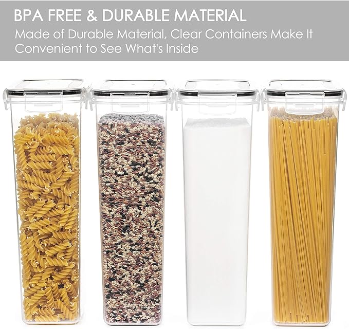 Vtopmart Airtight Food Storage Containers with Lids, 4 PCS 2.8L Pasta Containers for Pantry Organization and Storage, BPA Free Kitchen Canisters for Spaghetti, Flour, Sugar and Noodles, Black
