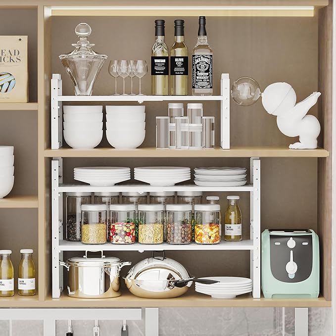 Jojocross Expandable Shelf for Cabinet Organizer Adjustable Stackable Spice Rack at Kitchen and Bathroom More, Counter Countertop Cupboard Organization Pantry Storage (1 Pack/White, Large)