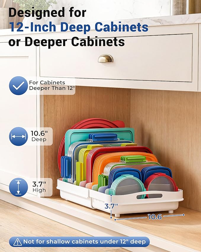 EVERIE Expandable Food Container Lid Organizer for Cabinet, Fits 12-Inch Deep or Deeper Cabinets , Adjustable 13.4" to 20.5", 8 Adjustable Dividers for lids , Drawer, Pantry and Kitchen Storage