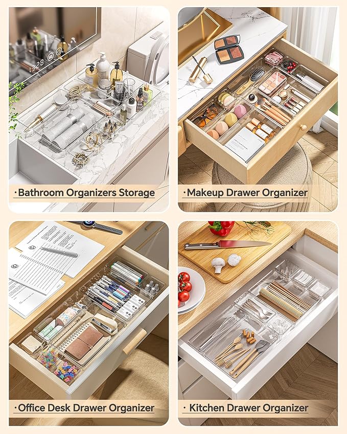 25 PCS Plastic Drawer Organizers Set, 4 Sizes Vanity Organizer, Clear