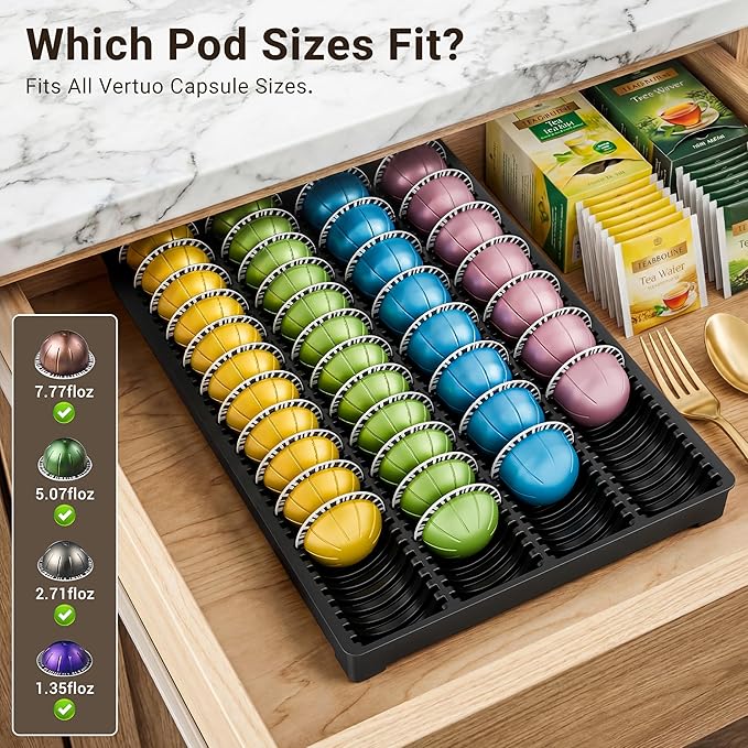 EVERIE Drawer Coffee Pod Organizer for Vertuo Capsules – Holds Up to 40 Large or 52 Small Pods, Space-Saving Insert Tray, Fits Kitchen Cabinets, 15.4" x 10.2" x 1.2"